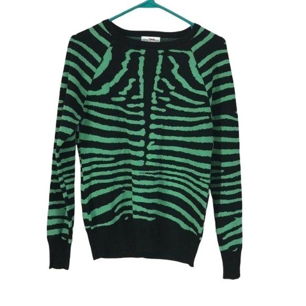 Retro fox zebra black green‎ small knit animal print pull over sweater